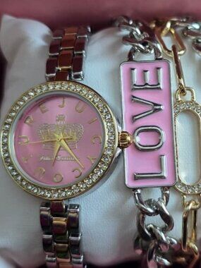 Juicy Couture Pink Watch & Bracelet Set 4PC Gold Tone Heart Charm Gift Box New